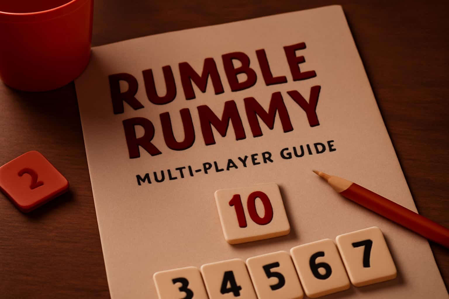 An informational scene depicting the Rumble Rummy Multi-Player Guide with relevant visuals.