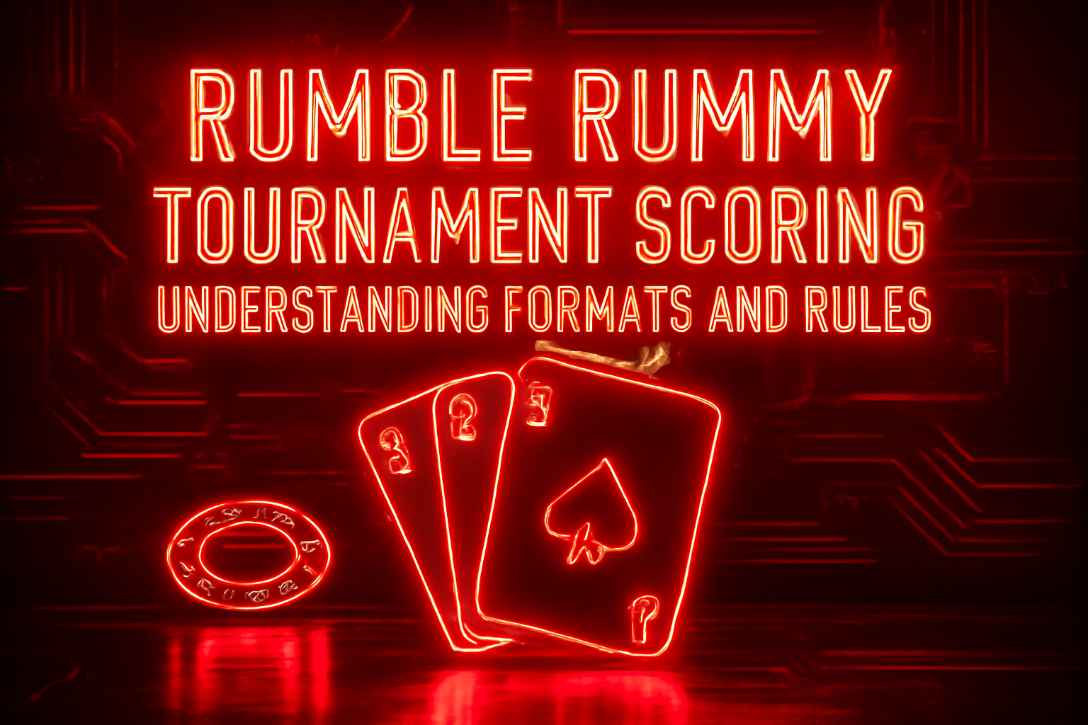 A futuristic rendering of the Rumble Rummy login interface with highlighted features.